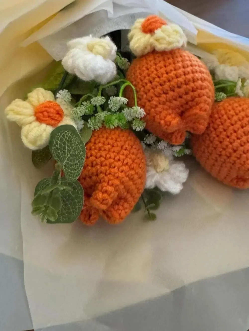 Fake Tulip Bouquet, Cream Tissue Wrapped, Non Wilting Flowers, Crochet Home